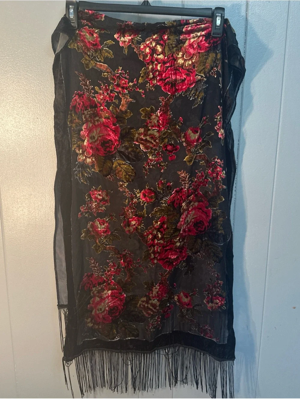 Vintage Black Velvet Burnout Floral Fringe Scarf with Pink and Green Roses